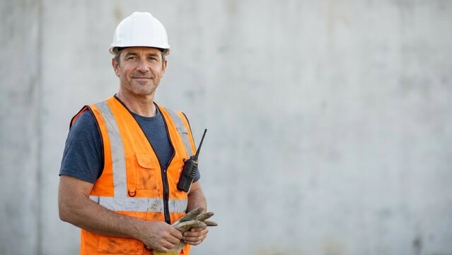Middle aged white male construction worker in hard hat and orange safety vest holding walkie talkie, jobsite communication and risk management, confident calm mood