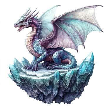 Mythical purple dragon sitting on crystal rock formation, isolated on white background