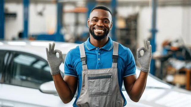 Happy young African American auto mechanic showing OK with his hand while standing in modern auto repair shop. Worker wears a blue polo shirt and overalls, blurred background