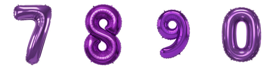 Purple Foil Balloon Numbers 7 8 9 0 Isolated on White Background PNG, Glossy Metallic Inflatable Figures for Birthday Party Anniversary Celebration and Events. © Juumagiti