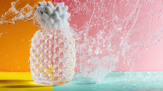 glossy pineapple with flowing water and woven leaf accents