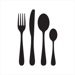 Collection of black forks knives and spoons silhouettes Vector illustration. Spoon, knife, fork icons set