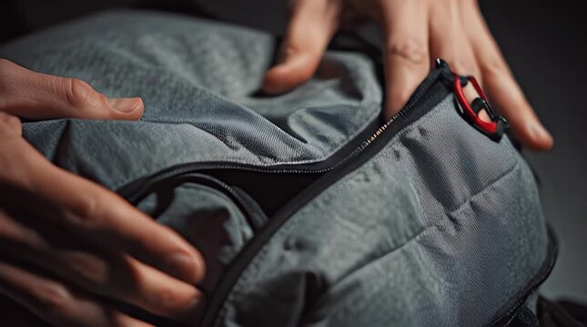 Hands putting camera lens in bag.