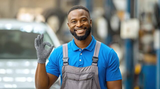 Happy young African American auto mechanic showing OK with his hand while standing in modern auto repair shop. Worker wears a blue polo shirt and overalls, blurred background