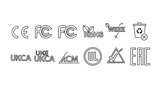 A collection of various certification and compliance logos from around the world Vector