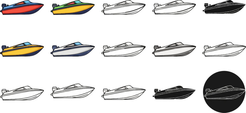 Collection of speedboats in various colorful and monochrome styles