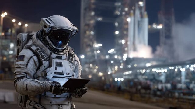 Astronaut standing near a launch pad at night, tablet casting soft glow on visor, rocket looming behind with bright floodlights and smoke faintly drifting, high-resolution detail c