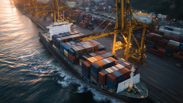 Aerial perspective of a large container ship at an empty dock, rust-colored containers stacked in precise blocks, cranes frozen mid-operation, low golden hour light casting long sh