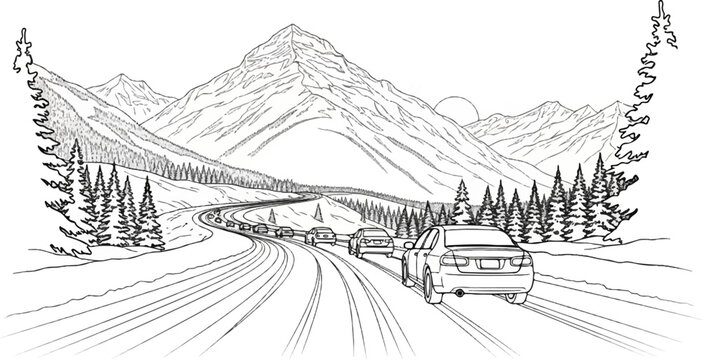 Cars drive on a winding mountain road past snow-covered trees under a large peak