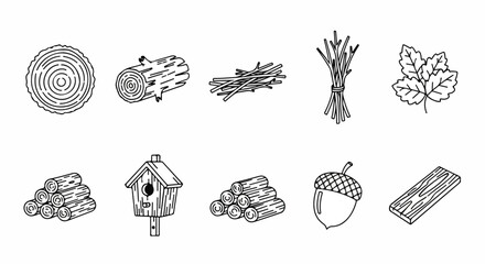 A variety of nature-inspired illustrations including trees, leaves, and forest items Vector