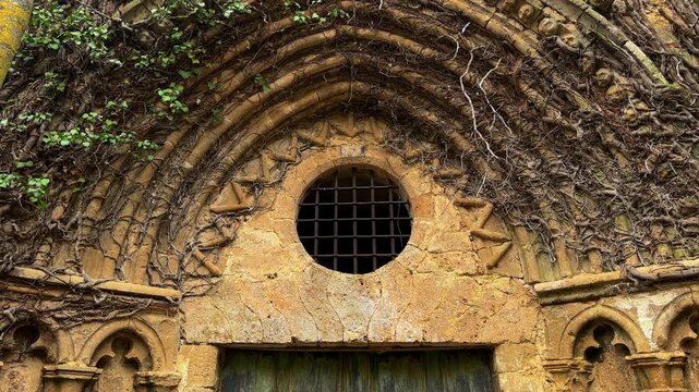 Ruined monastery portico covered with roots and vegetation, aged stone architecture in decay, abandoned historic religious building reclaimed by nature, Santa Maria la Real Monastery, Burgos, Spain. 