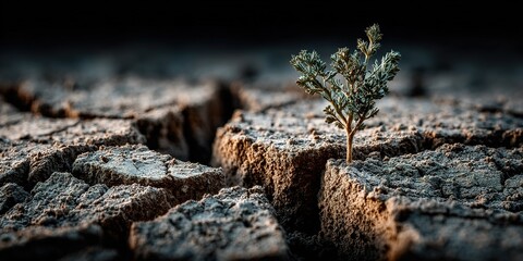 Fototapeta premium Green sprout growing from cracked dry earth, concept of resilience and hope