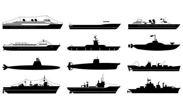 collection of silhouette ships and submarines on transparent background  various naval vessels