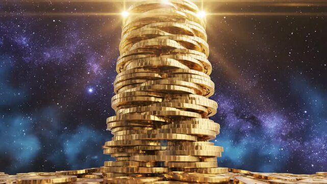 Massive golden coin stack rapidly grows towards the stars in a cosmic galaxy background, representing unlimited growth, wealth accumulation, investment, and success.