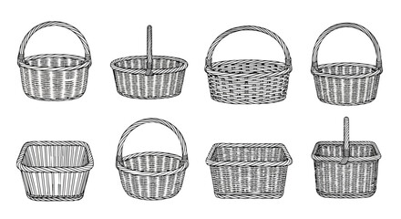 Assorted wicker baskets displayed in a variety of shapes and sizes Vector