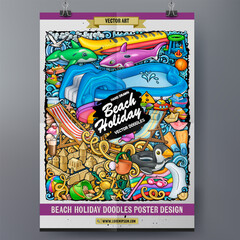 Bright hand-drawn doodle poster with beach vacation elements including inflatable rings, umbrella, sunglasses, flip flops, and summer accessories arranged in a colorful composition