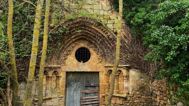 Ruined monastery portico covered with roots and vegetation, aged stone architecture in decay, abandoned historic religious building reclaimed by nature, Santa Maria la Real Monastery, Burgos, Spain. 