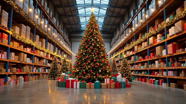 Christmas decorated warehouse with gift boxes