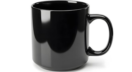 Glossy black ceramic coffee mug with handle isolated on white background close up detailed studio shot showing smooth reflective surface and round shape