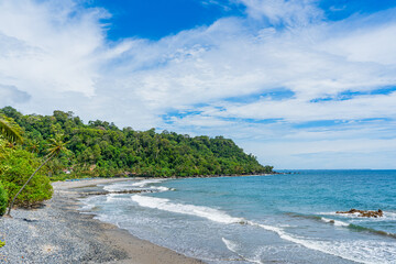 Tropical coastline with lush green forest, rocky shore, and gentle ocean waves under a bright blue sky in Indonesia.