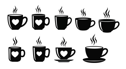 Fototapeta premium A series of black silhouette cups with steam some featuring heart details