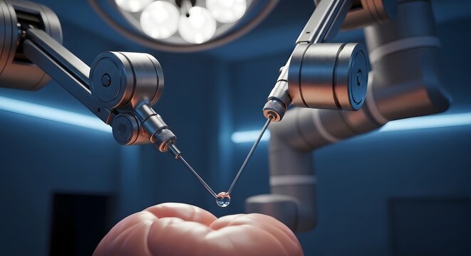Robotic surgical instruments operating on brain in operating room with blue lighting robotic surgery