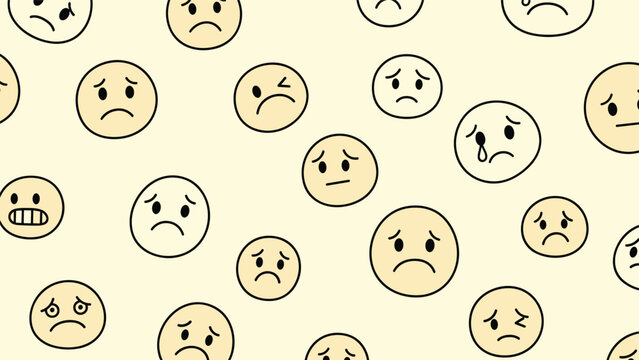 Seamless pattern of various hand-drawn sad and unhappy emoji faces, a background illustration representing negative emotions and sadness.