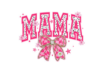 Pink glittery mama text with bow design for mother's day or mom life apparel isolated on transparent background