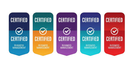Six colorful certified badges with white checkmarks on various shapes and sizes isolated on transparent background