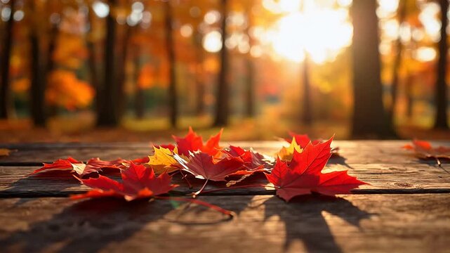 Autumn leaves on wooden surface
