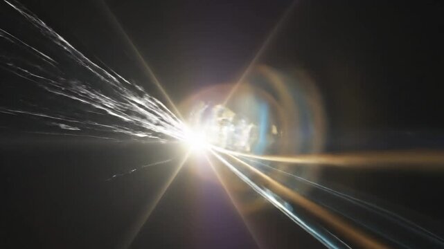 Stunning anamorphic light leak overlay with bright white lens flare and horizontal bokeh ghosting for film editing and visual effects.