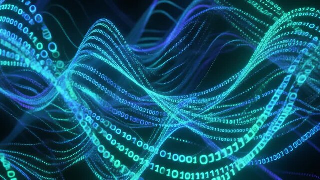 Cyan blue binary digits intertwined waves glowing energy seamless futuristic surreal ambience cascading softly glowing abstract unique style ultra realistic loop