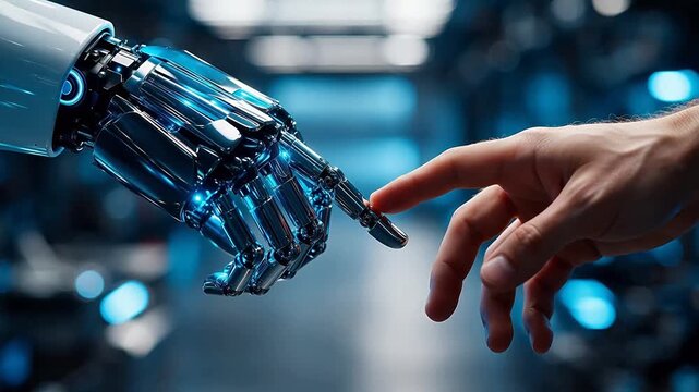 Human hand and robotic hand touching