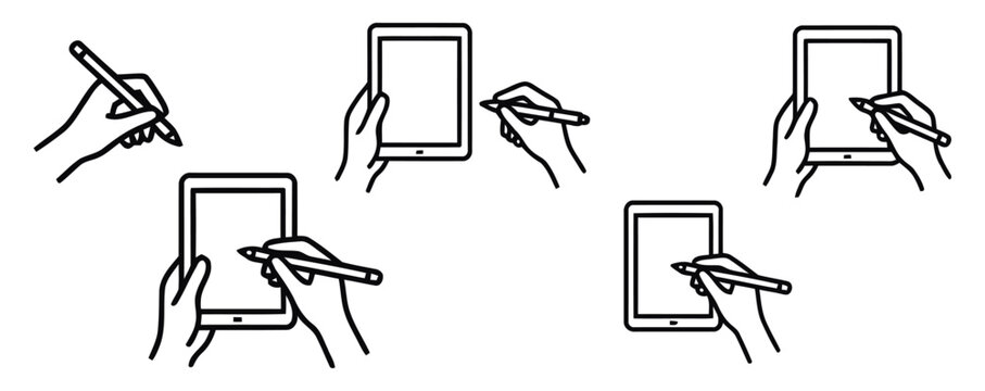 Hands holding and writing on tablets with styluses, showing digital interaction vector illustration.