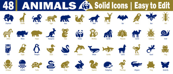 Solid animal silhouette icons. Featuring various wild and domestic creatures, vector illustration. © Logo Solution