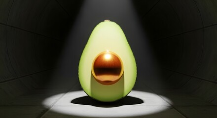 Hyperreal studio halved avocado with reflective golden pit centered under dramatic spotlight low angle close up on textured green flesh and deep shadow minimal composition