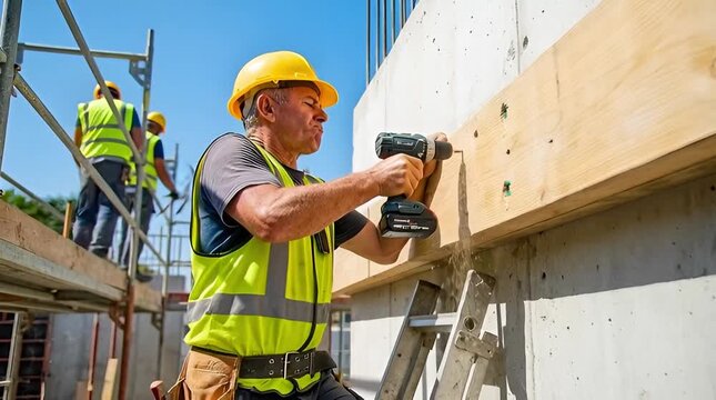 Skilled construction worker in hard hat and safety vest drilling wooden formwork on a building site with a power drill.