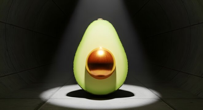 Hyperreal studio halved avocado with reflective golden pit centered under dramatic spotlight low angle close up on textured green flesh and deep shadow minimal composition
