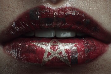 Fototapeta premium The artistic lips makeup merges identity, beauty, and cultural symbolism. Detailed design is vibrant and eye-catching, captures the essence pentagram theme.
