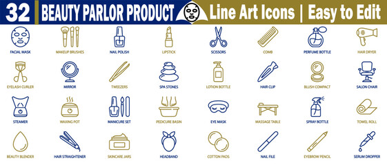 Beauty product icons for facial mask, makeup brushes, nail polish, lipstick, vector illustration.