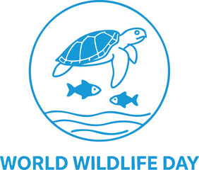 Obraz premium Blue line art icon of sea turtle swimming with two fish above waves in circle for world wildlife day celebration