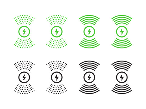 Wireless charging icons with lightning bolt symbol in green and black outlines
