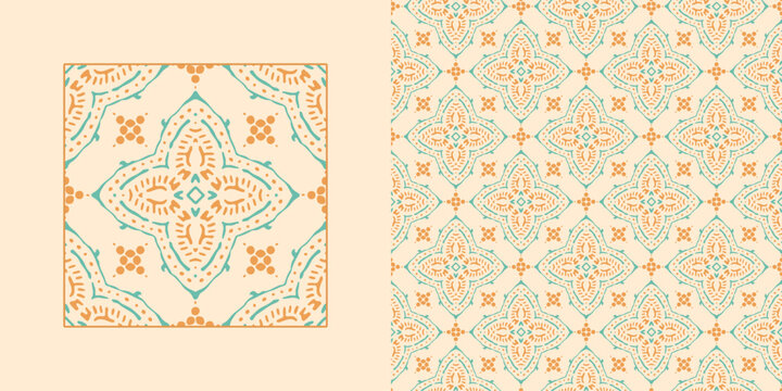 Pastel cream Indian block print motif card template. Square patchwork seamless pattern. Vintage quilt boho background.