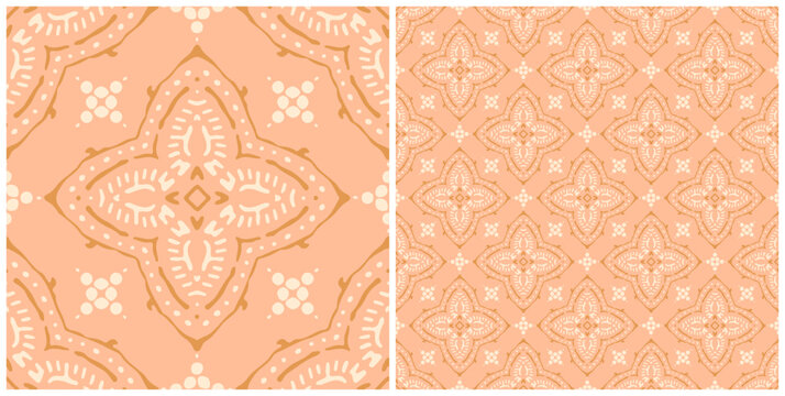 Pink Indian block print seamless pattern. Square patchwork, quilt fabric print, wallpaper, boho background. Card design.