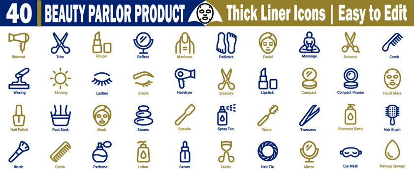 Beauty parlor product icons for hairdryer, scissors, comb brush, lipstick, mascara, vector illustration.