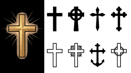 Fototapeta premium Various Christian cross symbols with golden glow on a black and transparent background vector illustration.