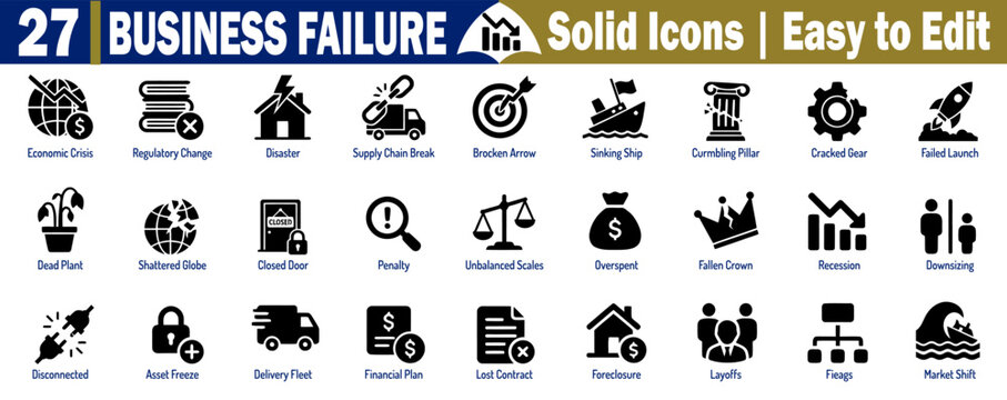Business failure, solid icons for economic recession, and company risk vector illustration.