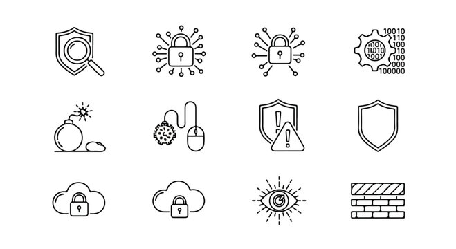 A collection of icons representing various aspects of cybersecurity and data protection Vector
