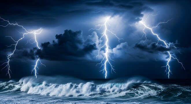 Dramatic storm seascape low angle view of turbulent ocean waves under multiple lightning strikes from dark thunderclouds with blue backlit mood high contrast long exposure atmosphere