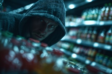Obraz premium A hooded figure, cunning and dexterous shoplifter, doing his dirty deeds in a store with dim, blue lighting. In the background are store shelves, a supermarket.